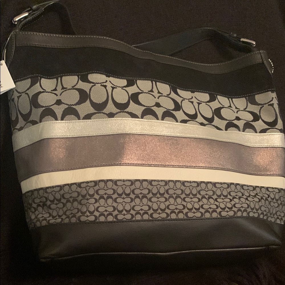 Coach Black and Gray Shoulder Bag with Signature Monogram